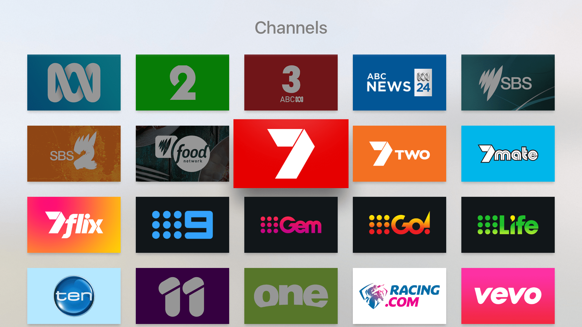 The 'Channels' view in the Streamee Apple TV app, featuring a grid of TV channels