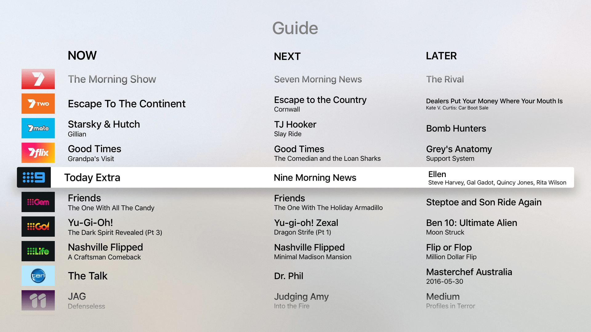The 'Guide' view in the Streamee Apple TV app, featuring a table of TV channels and the shows on now, next, and later